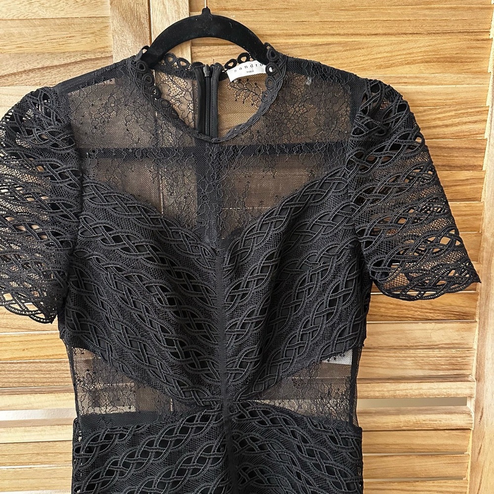 SANDRO Lanny Guipure Lace Midi Dress In Black - Picture 8 of 8